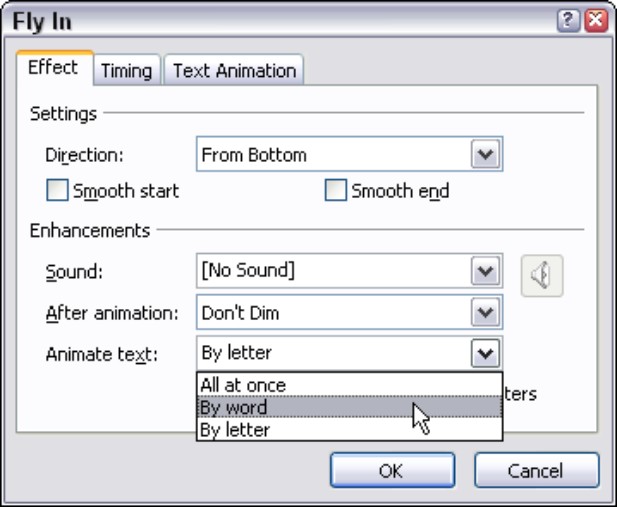 Figure 1-18: Options for animating words and letters.